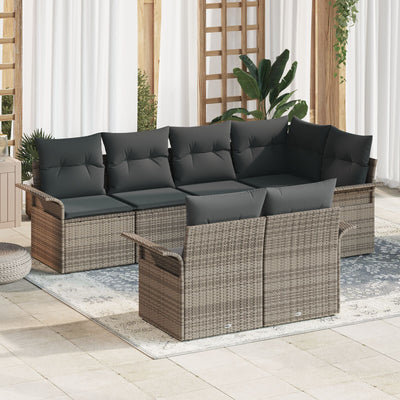 7 Piece Garden Sofa Set with Cushions Grey Poly Rattan