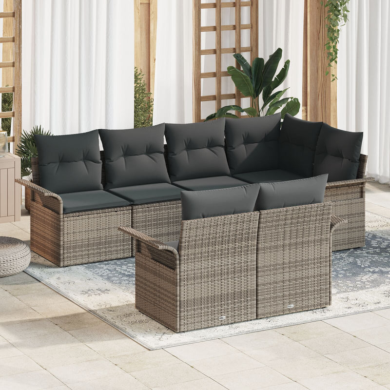 7 Piece Garden Sofa Set with Cushions Grey Poly Rattan