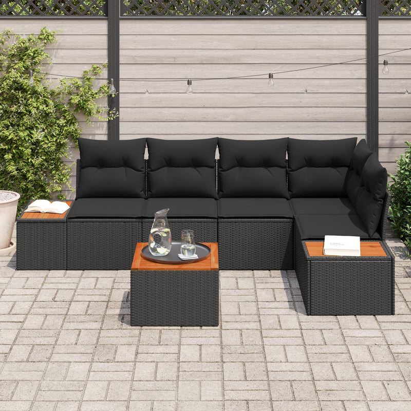 6 Piece Garden Sofa Set with Cushions Black Poly Rattan Acacia