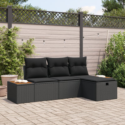 4 Piece Garden Sofa Set with Cushions Black Poly Rattan