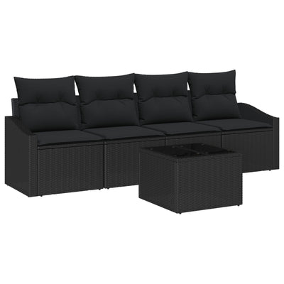 5 Piece Garden Sofa Set with Cushions Black Poly Rattan