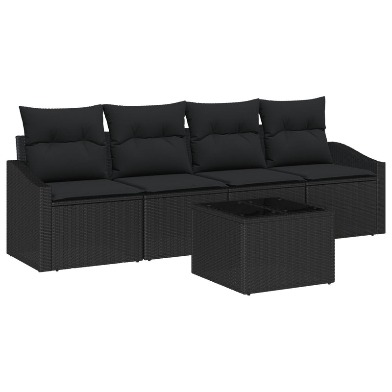 5 Piece Garden Sofa Set with Cushions Black Poly Rattan