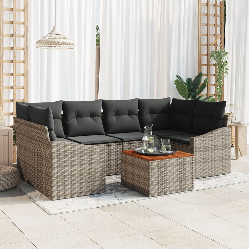 7 Piece Garden Sofa Set with Cushions Grey Poly Rattan Acacia