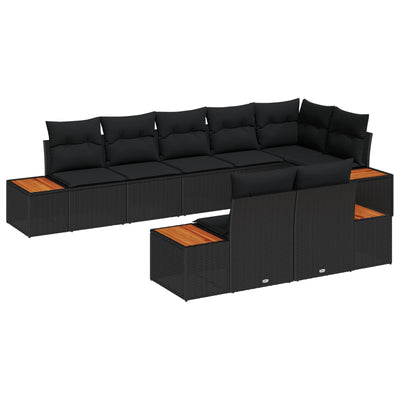 8 Piece Garden Sofa Set with Cushions Black Poly Rattan Acacia