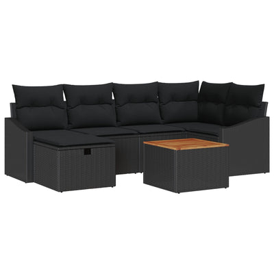 7 Piece Garden Sofa Set with Cushions Black Poly Rattan