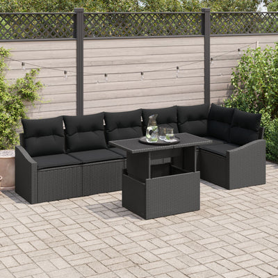 7 Piece Garden Sofa Set with Cushions Black Poly Rattan