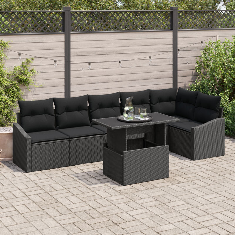 7 Piece Garden Sofa Set with Cushions Black Poly Rattan