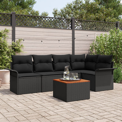 6 Piece Garden Sofa Set with Cushions Black Poly Rattan Acacia