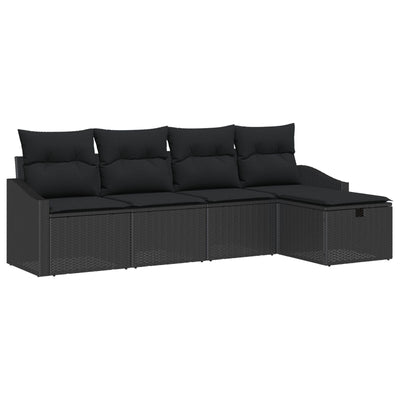 5 Piece Garden Sofa Set with Cushions Black Poly Rattan