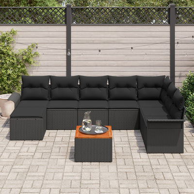 9 Piece Garden Sofa Set with Cushions Black Poly Rattan Acacia