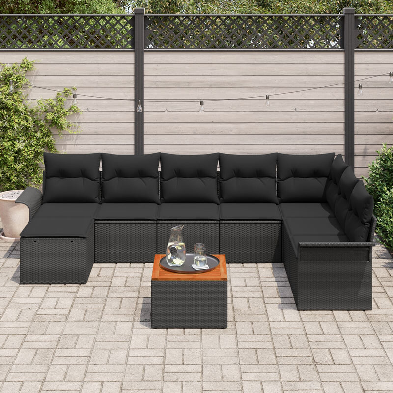 9 Piece Garden Sofa Set with Cushions Black Poly Rattan Acacia