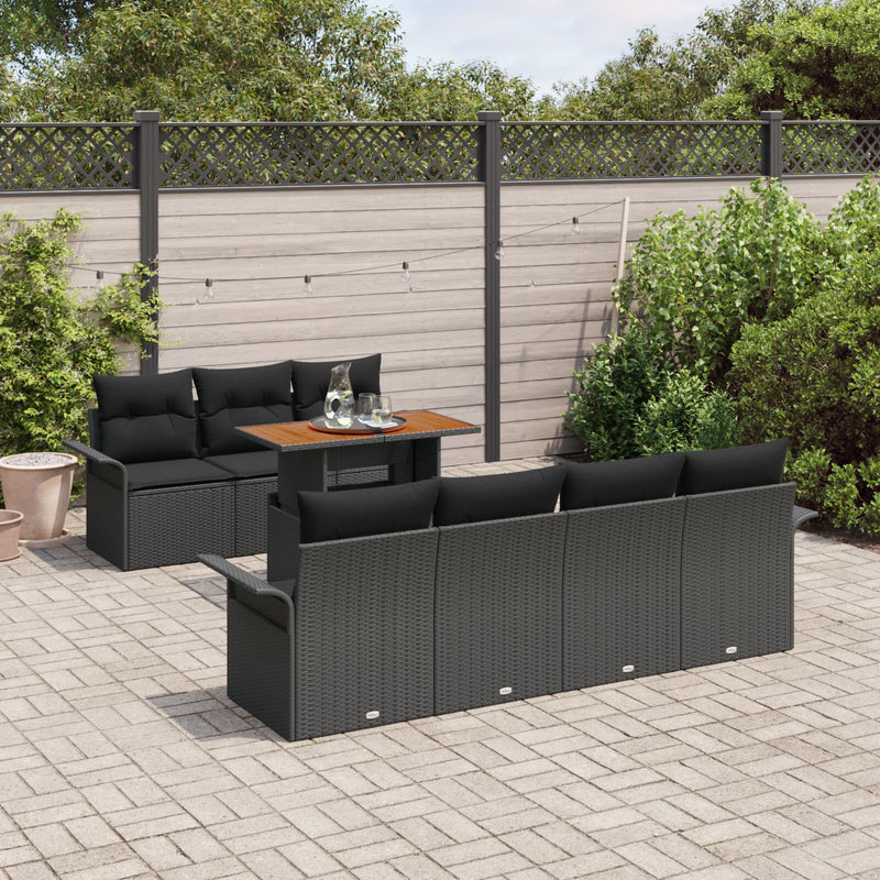 8 Piece Garden Sofa Set with Cushions Black Poly Rattan Acacia