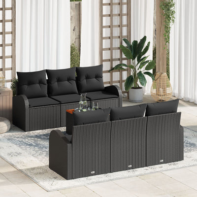 7 Piece Garden Sofa Set with Cushions Black Poly Rattan Acacia
