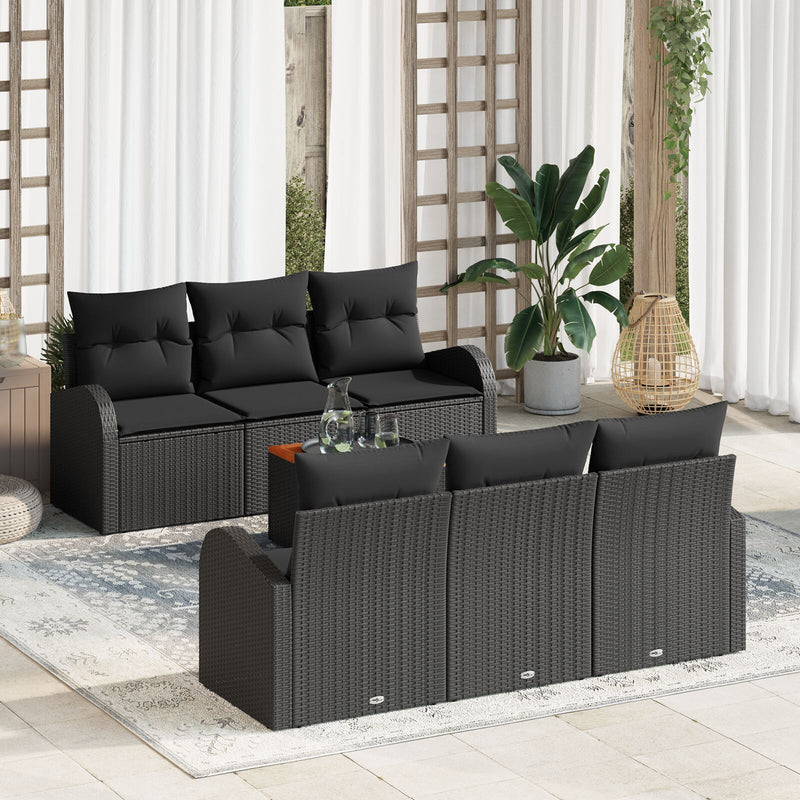7 Piece Garden Sofa Set with Cushions Black Poly Rattan Acacia