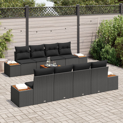 9 Piece Garden Sofa Set with Cushions Black Poly Rattan Acacia