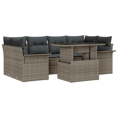 7 Piece Garden Sofa Set with Cushions Grey Poly Rattan