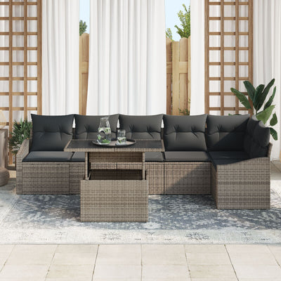 7 Piece Garden Sofa Set with Cushions Grey Poly Rattan