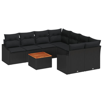 9 Piece Garden Sofa Set with Cushions Black Poly Rattan Acacia
