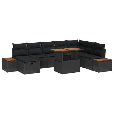 9 Piece Garden Sofa Set with Cushions Black Poly Rattan