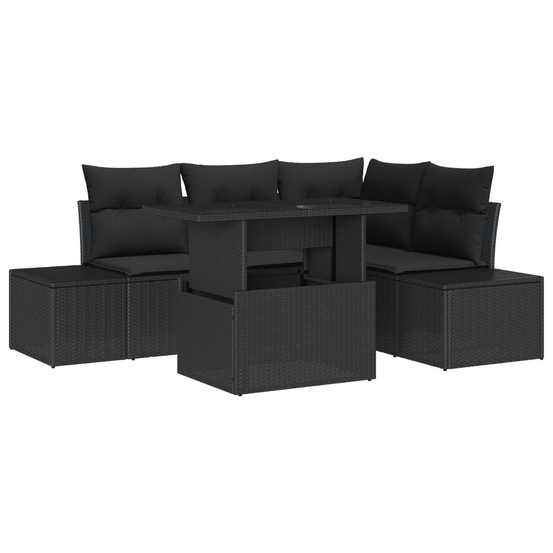 5 Piece Garden Sofa Set with Cushions Black Poly Rattan