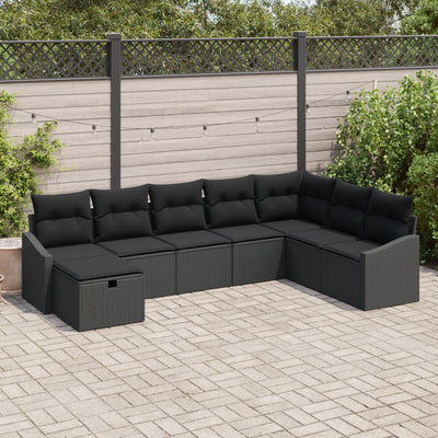 8 Piece Garden Sofa Set with Cushions Black Poly Rattan