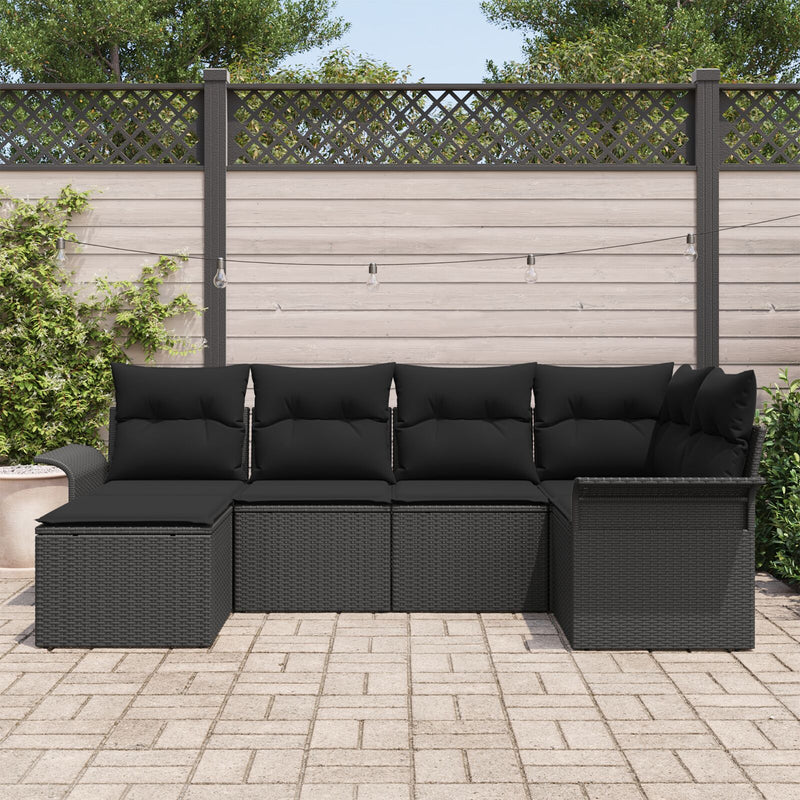 6 Piece Garden Sofa Set with Cushions Black Poly Rattan