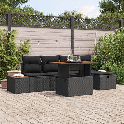 6 Piece Garden Sofa Set with Cushions Black Poly Rattan
