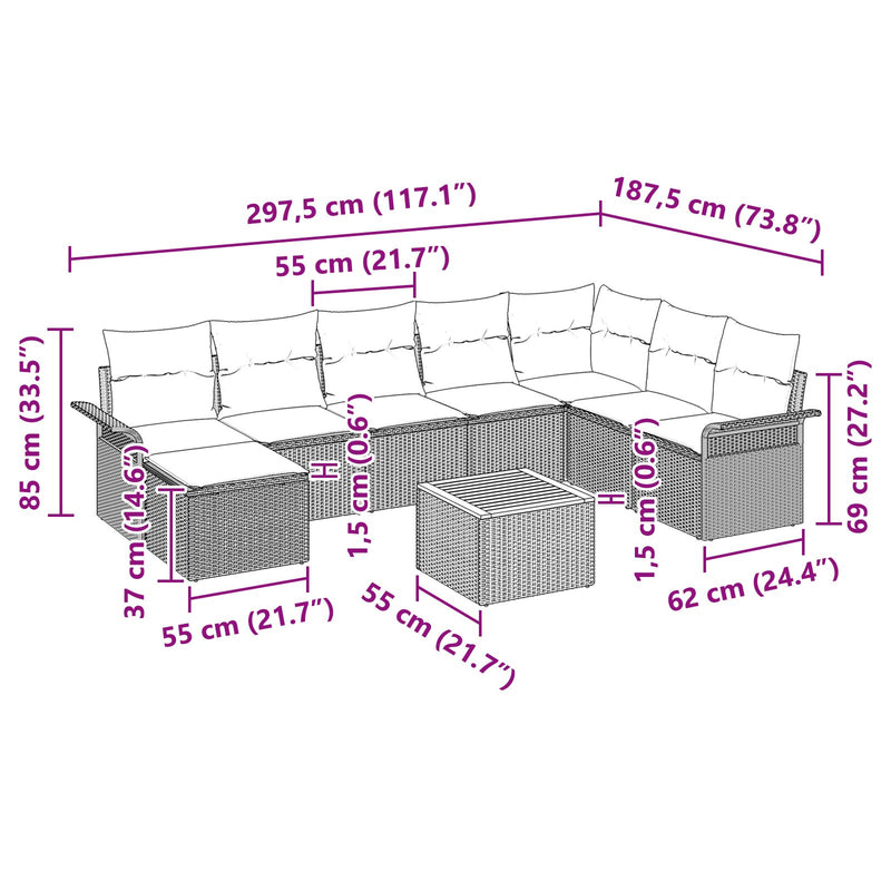 9 Piece Sofa Set with Cushions Grey Poly Rattan Acacia