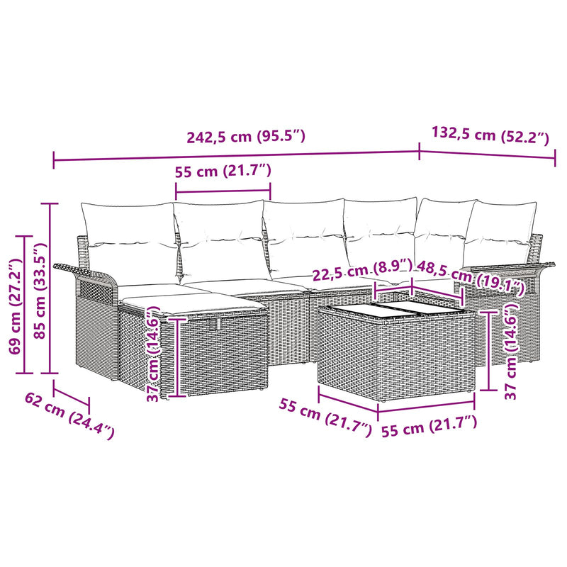 7 Piece Garden Sofa Set with Cushions Grey Poly Rattan