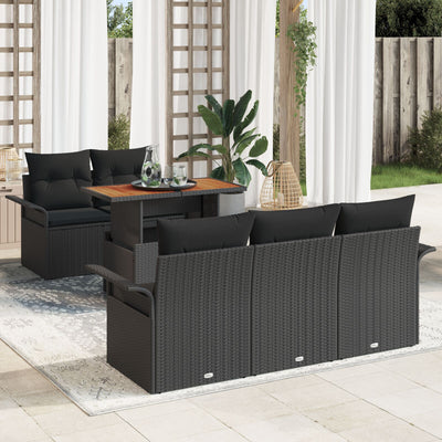 6 Piece Garden Sofa Set with Cushions Black Poly Rattan Acacia