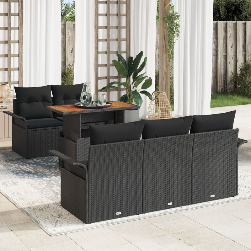 6 Piece Garden Sofa Set with Cushions Black Poly Rattan Acacia