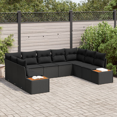 9 Piece Garden Sofa Set with Cushions Black Poly Rattan Acacia