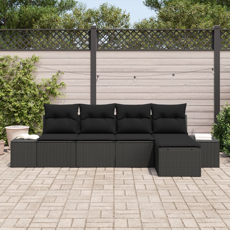 5 Piece Garden Sofa Set with Cushions Black Poly Rattan