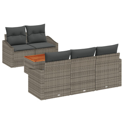 6 Piece Garden Sofa Set with Cushions Grey Poly Rattan Acacia