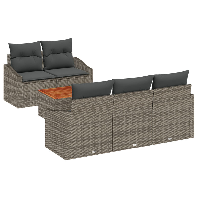 6 Piece Garden Sofa Set with Cushions Grey Poly Rattan Acacia
