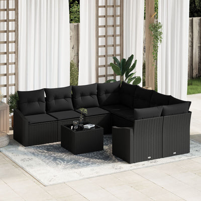 Garden Sofa Set Set of 9 Black Rattan 4-Seater Outdoor Sofa