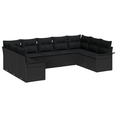9 Piece Garden Sofa Set with Cushions Black Poly Rattan