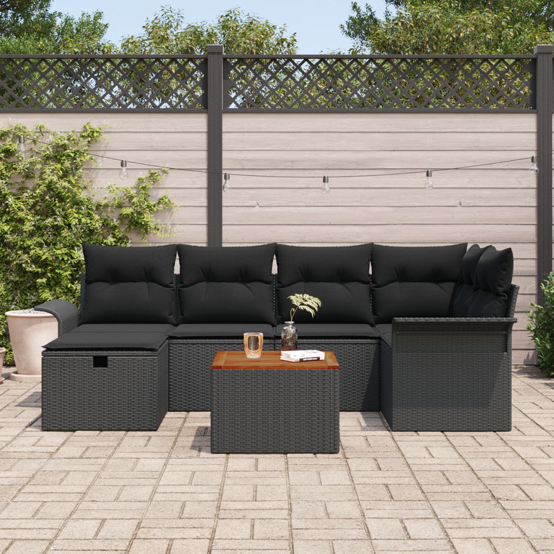 7 Piece Garden Sofa Set with Cushions Black Poly Rattan