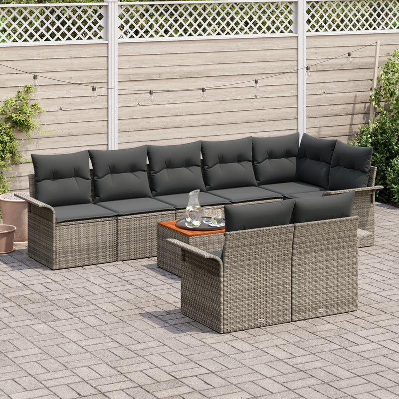 9 Piece Garden Sofa Set with Cushions Grey Poly Rattan Acacia