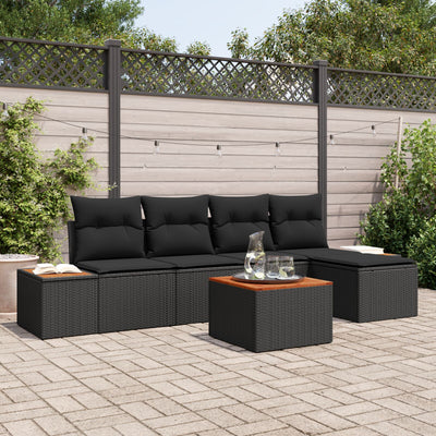 6 Piece Garden Sofa Set with Cushions Black Poly Rattan Acacia