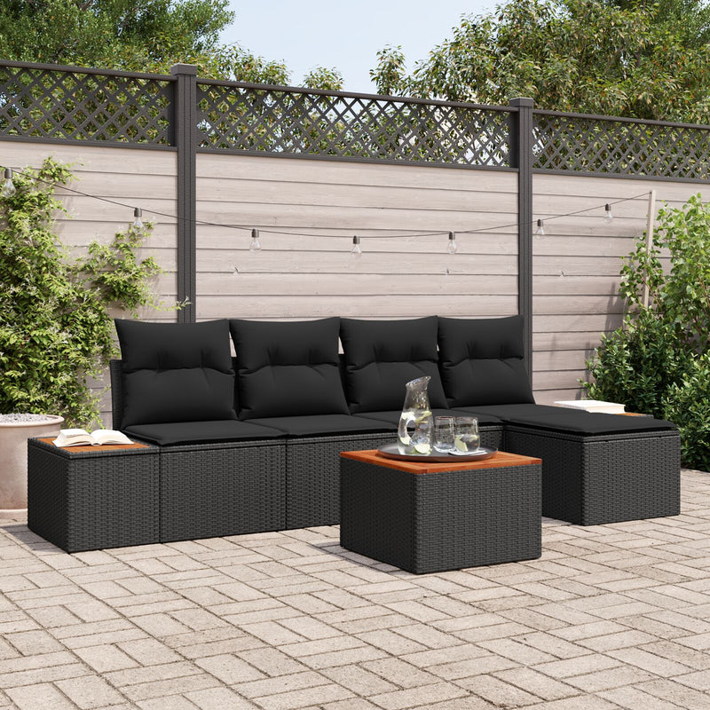 6 Piece Garden Sofa Set with Cushions Black Poly Rattan Acacia