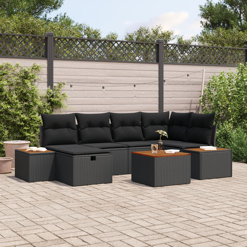 7 Piece Garden Sofa Set with Cushions Black Poly Rattan