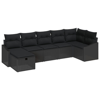 7 Piece Garden Sofa Set with Cushions Black Poly Rattan
