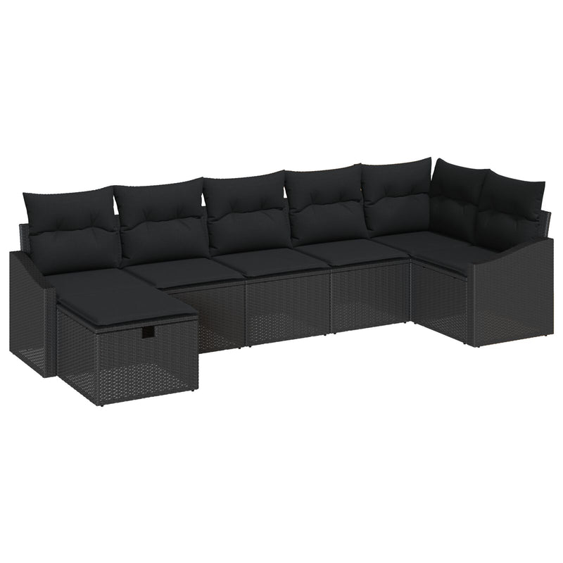 7 Piece Garden Sofa Set with Cushions Black Poly Rattan
