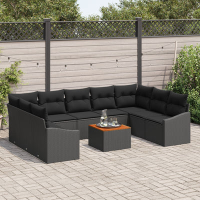 10 Piece Garden Sofa Set with Cushions Black Poly Rattan Acacia