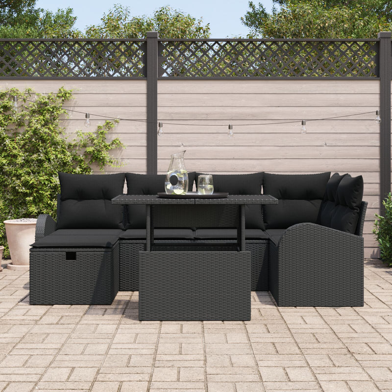 7 Piece Garden Sofa Set with Cushions Black Poly Rattan