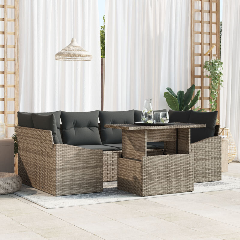 7 Piece Garden Sofa Set with Cushions Grey Poly Rattan