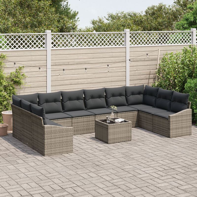 10 Piece Garden Sofa Set with Cushions Black Poly Rattan