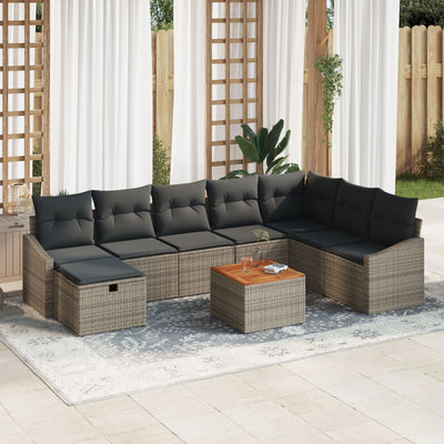 9 Piece Garden Sofa Set with Cushions Grey Poly Rattan