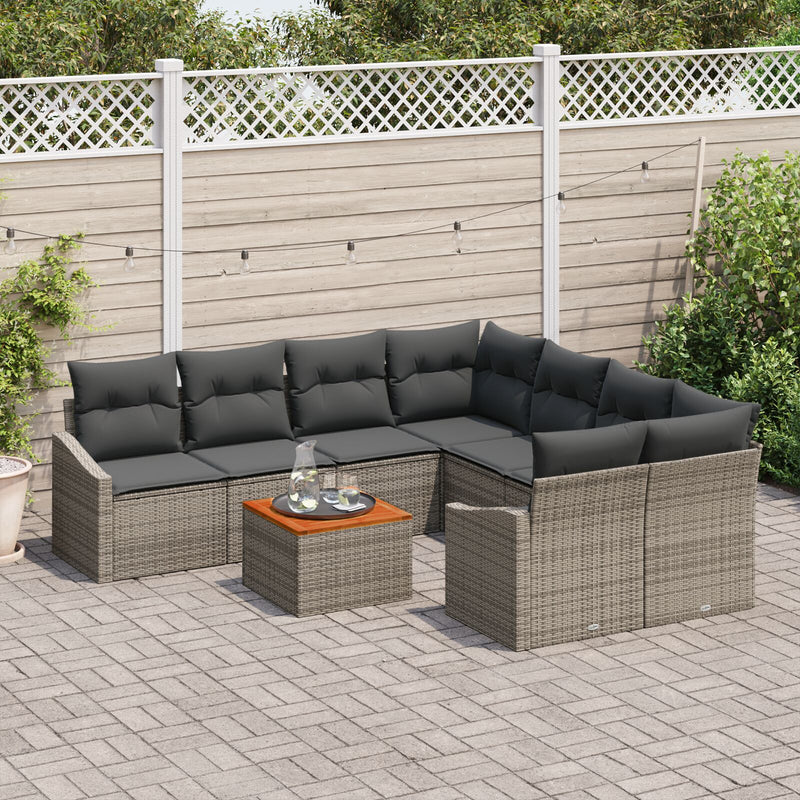 9 Piece Garden Sofa Set with Cushions Grey Poly Rattan Acacia
